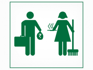 Moška in ženska ikona zelene barve na beli podlagi, moški ima v rokah aktovko, ženksa pa metlo.