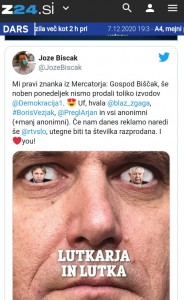 Komentar urednika Demokracije Jožeta Biščaka na Twitterju, zurnal24.si, 7.12.2020